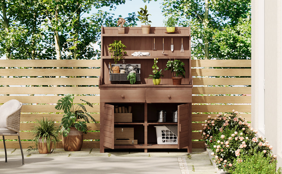 [Assembly Video Provided] TOPMAX 65inch Garden Potting Bench Table, Fir Wood Workstation with Storage Shelf, Drawer and Cabinet, Brown