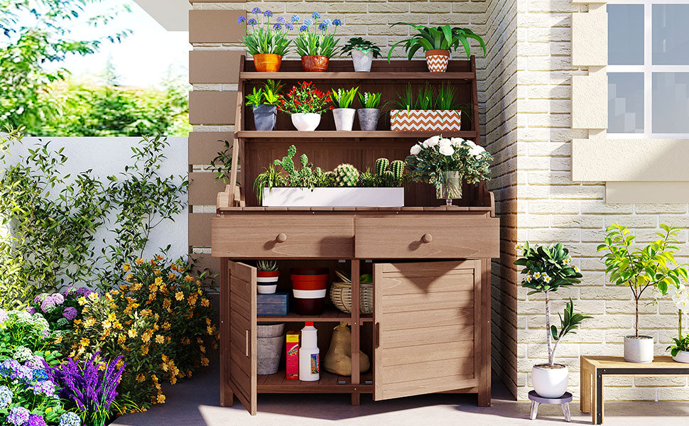 [Assembly Video Provided] TOPMAX 65inch Garden Potting Bench Table, Fir Wood Workstation with Storage Shelf, Drawer and Cabinet, Brown