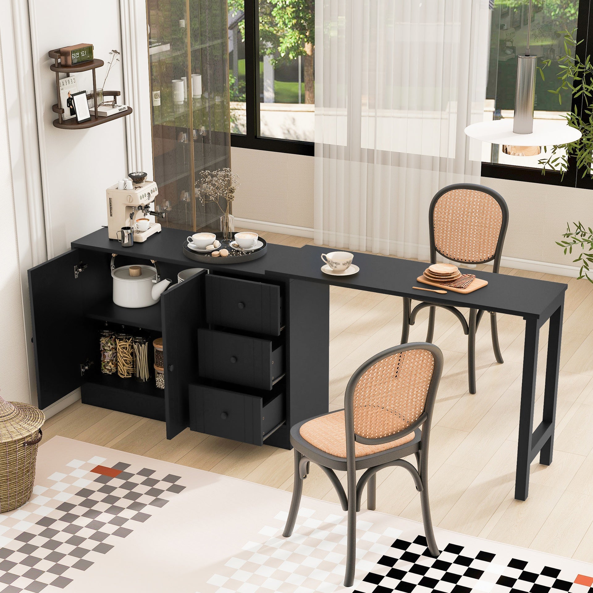 U_STYLE 89.7''Wooden Sideboard with Extendable Table,Multifunctional Storage Cabinet with 2 Doors and 3 Drawers,for Living Room,Study,Foyer and Kitchen