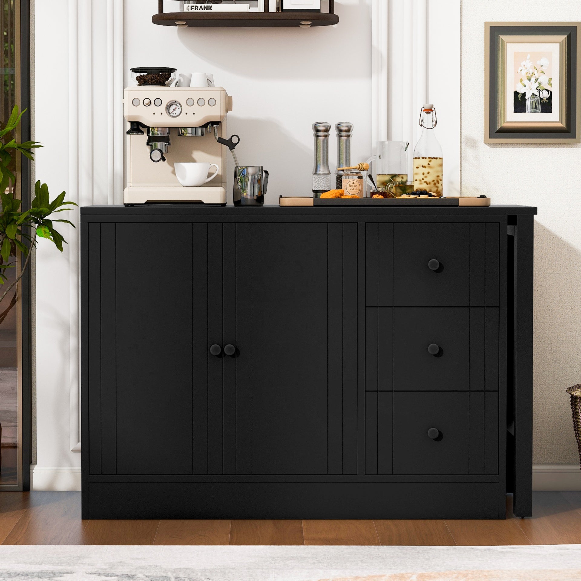 U_STYLE 89.7''Wooden Sideboard with Extendable Table,Multifunctional Storage Cabinet with 2 Doors and 3 Drawers,for Living Room,Study,Foyer and Kitchen