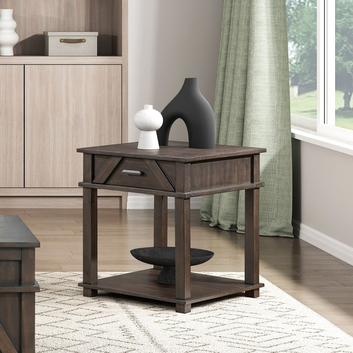Traditional Rustic End Table with Storage Brown Finish Durable Wood Living Room Furniture 1pc Side Table