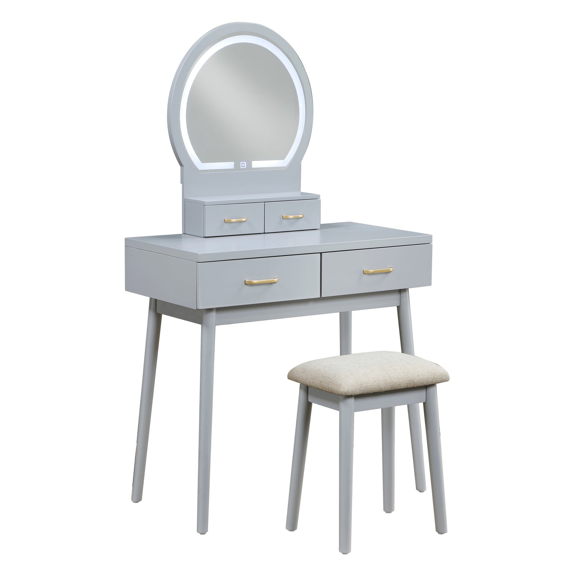 Beautiful Gray Finish Vanity Dresser with Mirror and Stool Set Storage Drawers Luxury Furniture 1pc LED Mirror