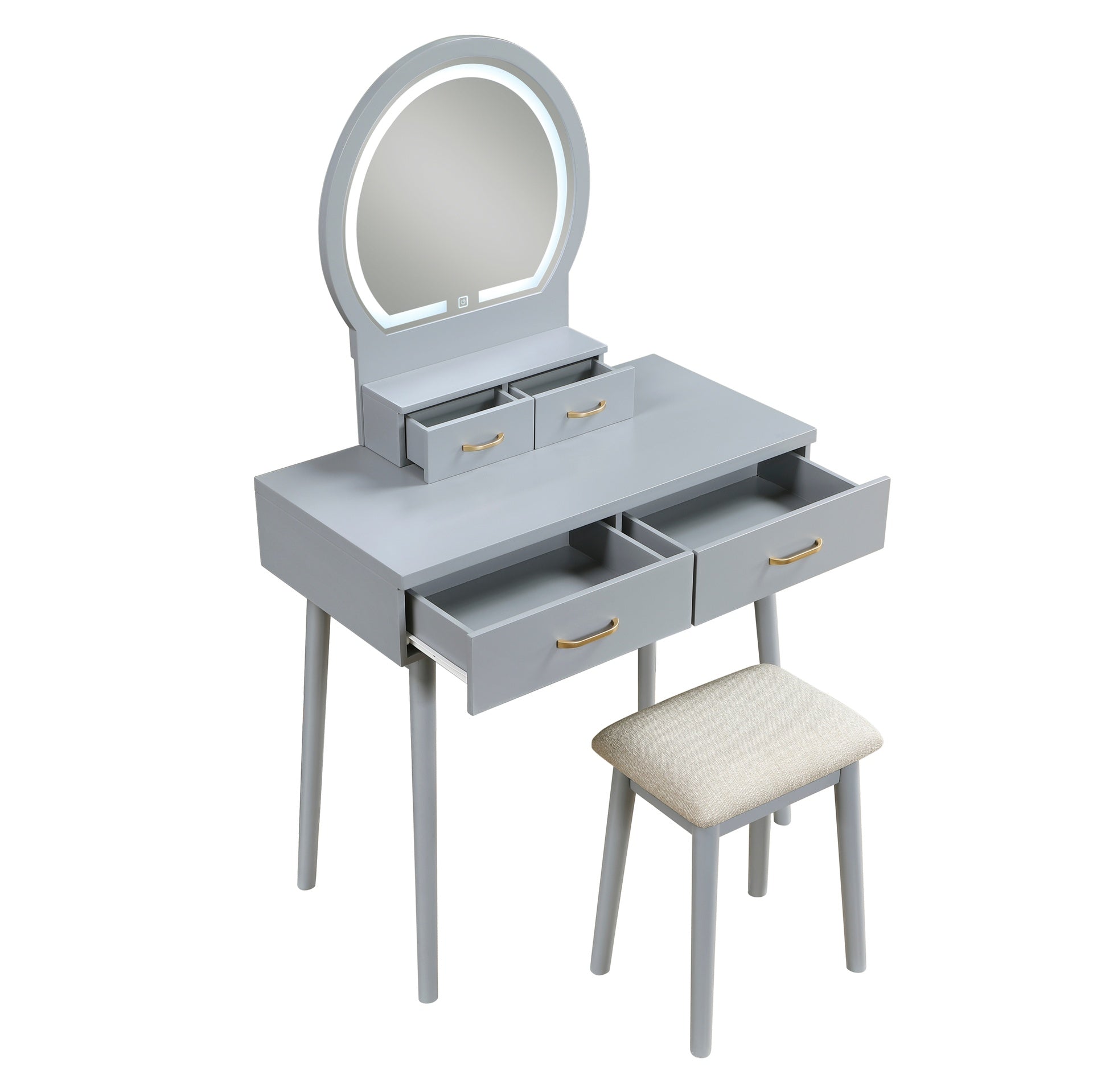 Beautiful Gray Finish Vanity Dresser with Mirror and Stool Set Storage Drawers Luxury Furniture 1pc LED Mirror