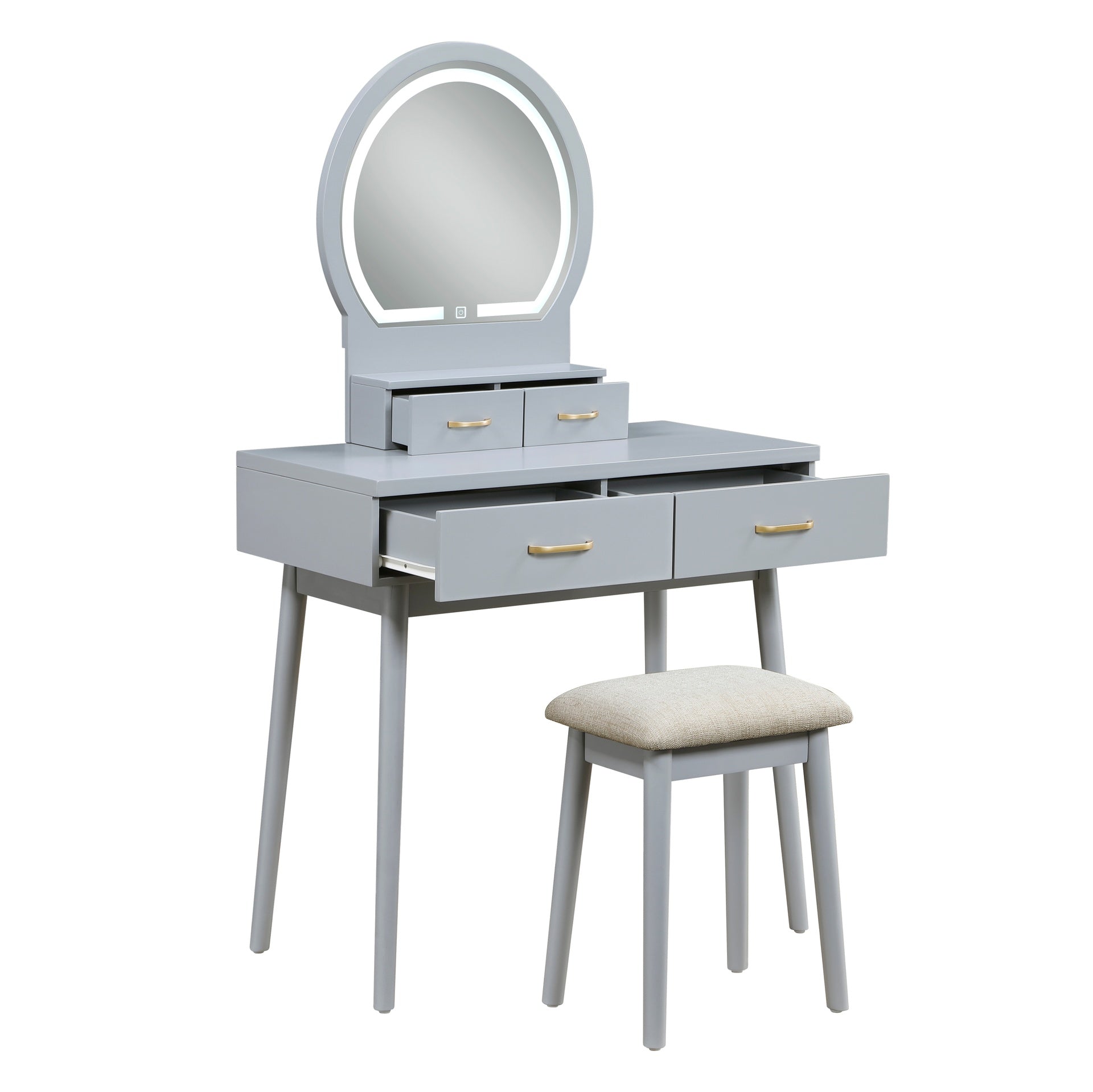 Beautiful Gray Finish Vanity Dresser with Mirror and Stool Set Storage Drawers Luxury Furniture 1pc LED Mirror