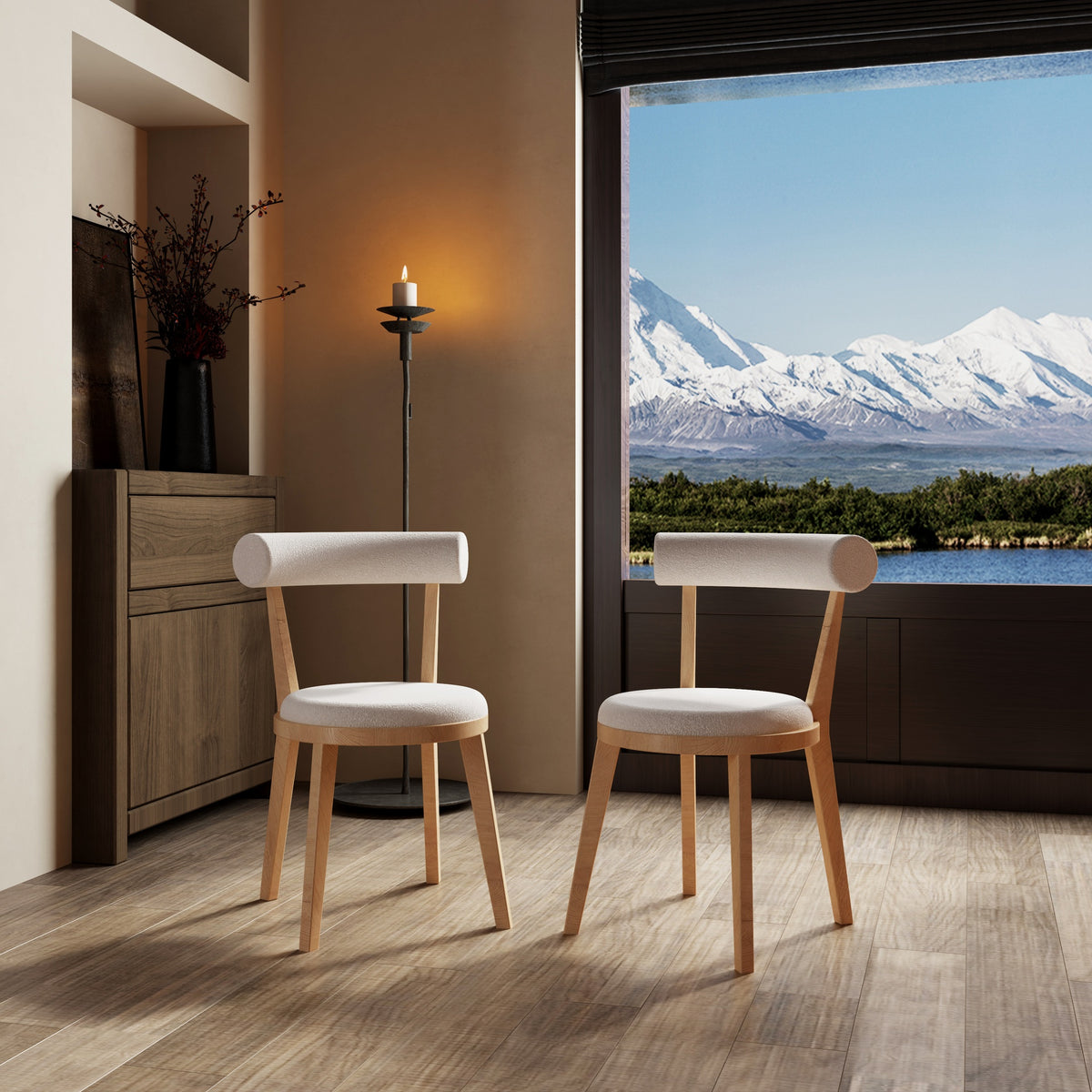 Set of 2 Modern Upholstered Dining Chairs, Rubberwood, Natural + Beige