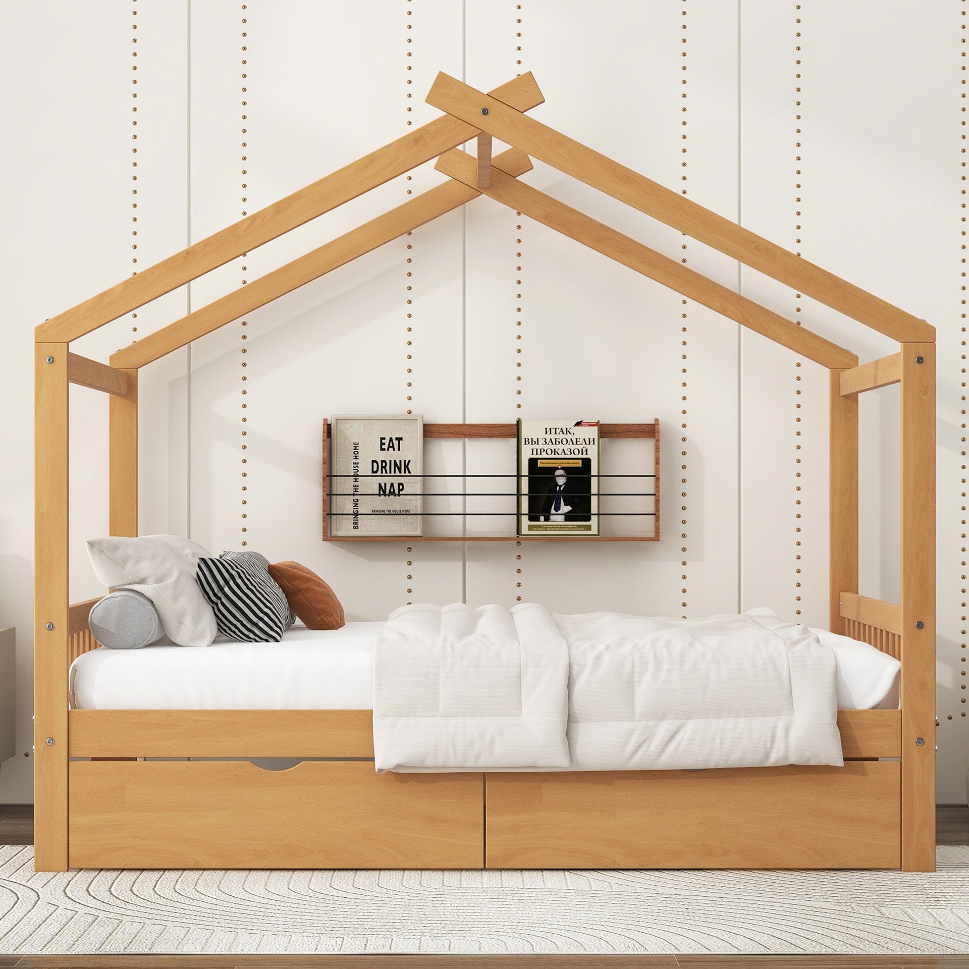 Full Size House Platform Bed with Two Drawers,Headboard and Footboard,Roof Design,Natural