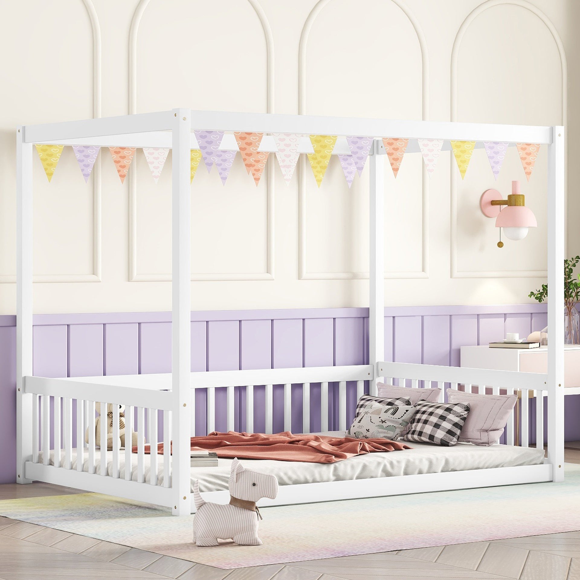 Full Size Canopy Frame Rubber Wood Floor Bed with Fence,Guardrails,White