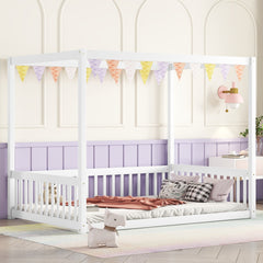 Full Size Canopy Frame Rubber Wood Floor Bed with Fence,Guardrails,White
