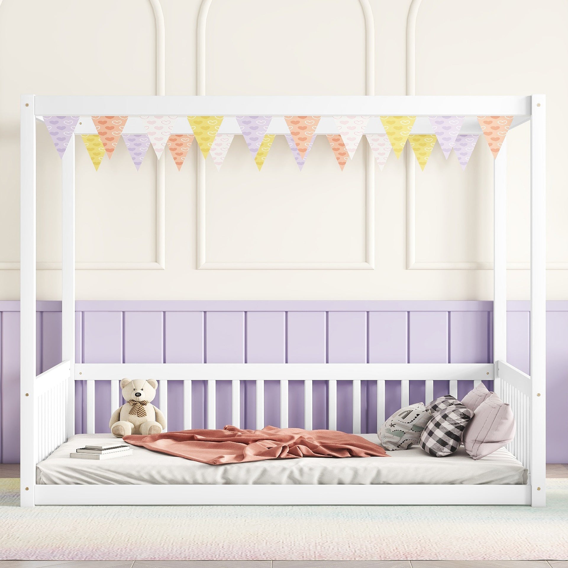 Full Size Canopy Frame Rubber Wood Floor Bed with Fence,Guardrails,White