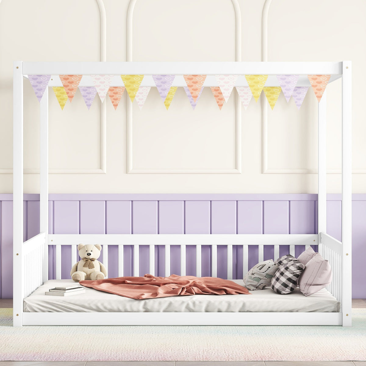 Full Size Canopy Frame Rubber Wood Floor Bed with Fence,Guardrails,White