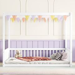 Full Size Canopy Frame Rubber Wood Floor Bed with Fence,Guardrails,White