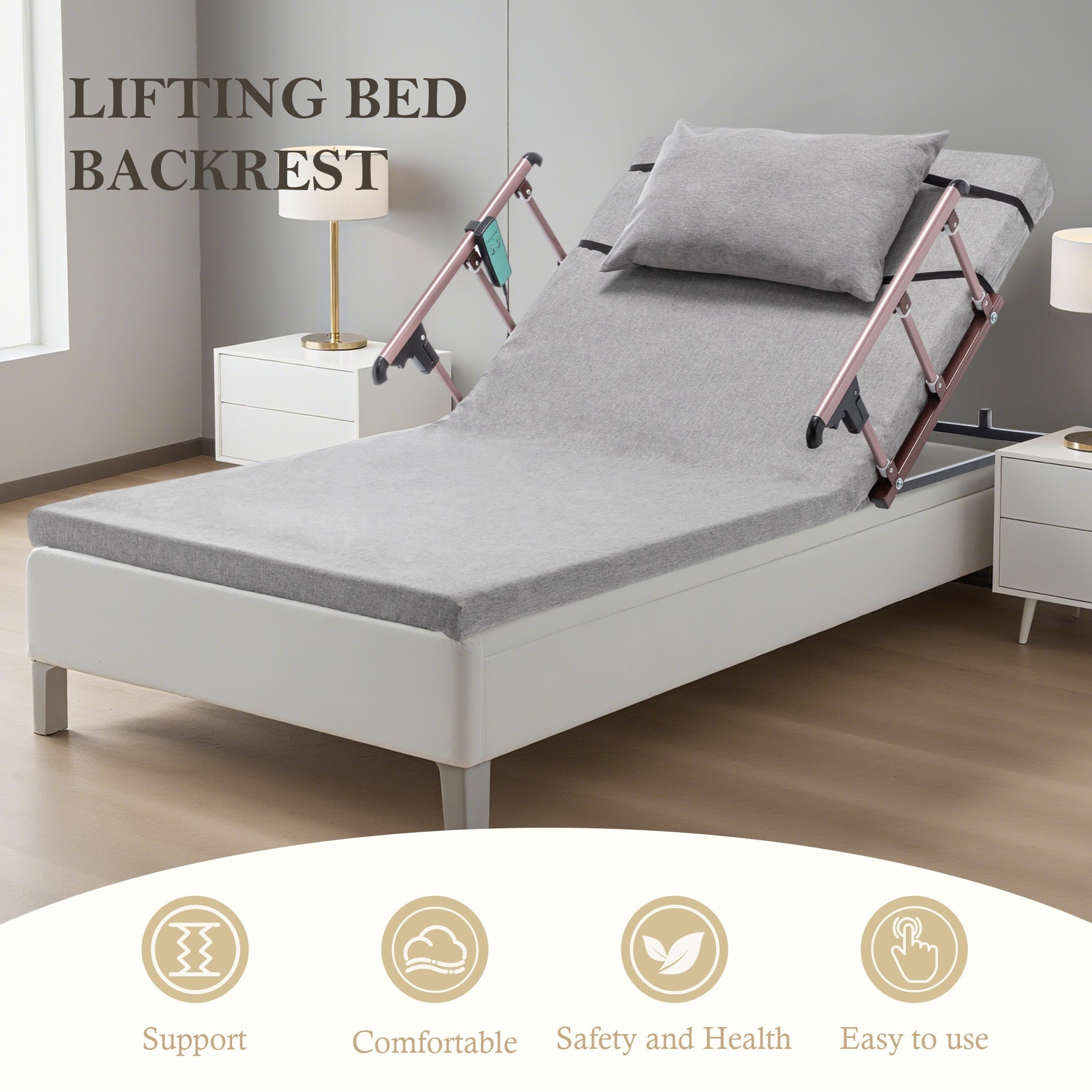 Electric Adjustable Bed Backrest, 300 lbs Weight Capacity, 4-68° Upgraded Lifting System with Collapsible Safety Rails, Remote Control, for Elderly, Pregnancy, Patients, Handicap, Home Hospital Care