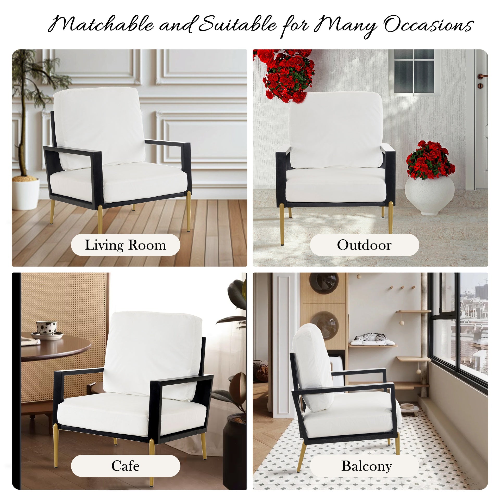 Upholstered  Accent Chair, Velvet Lounge Arm Chair with Solid Wood Frame, Living Room Chairs with Metal Legs for Reading Chair for Balcony, Living Room and Bedroom, White