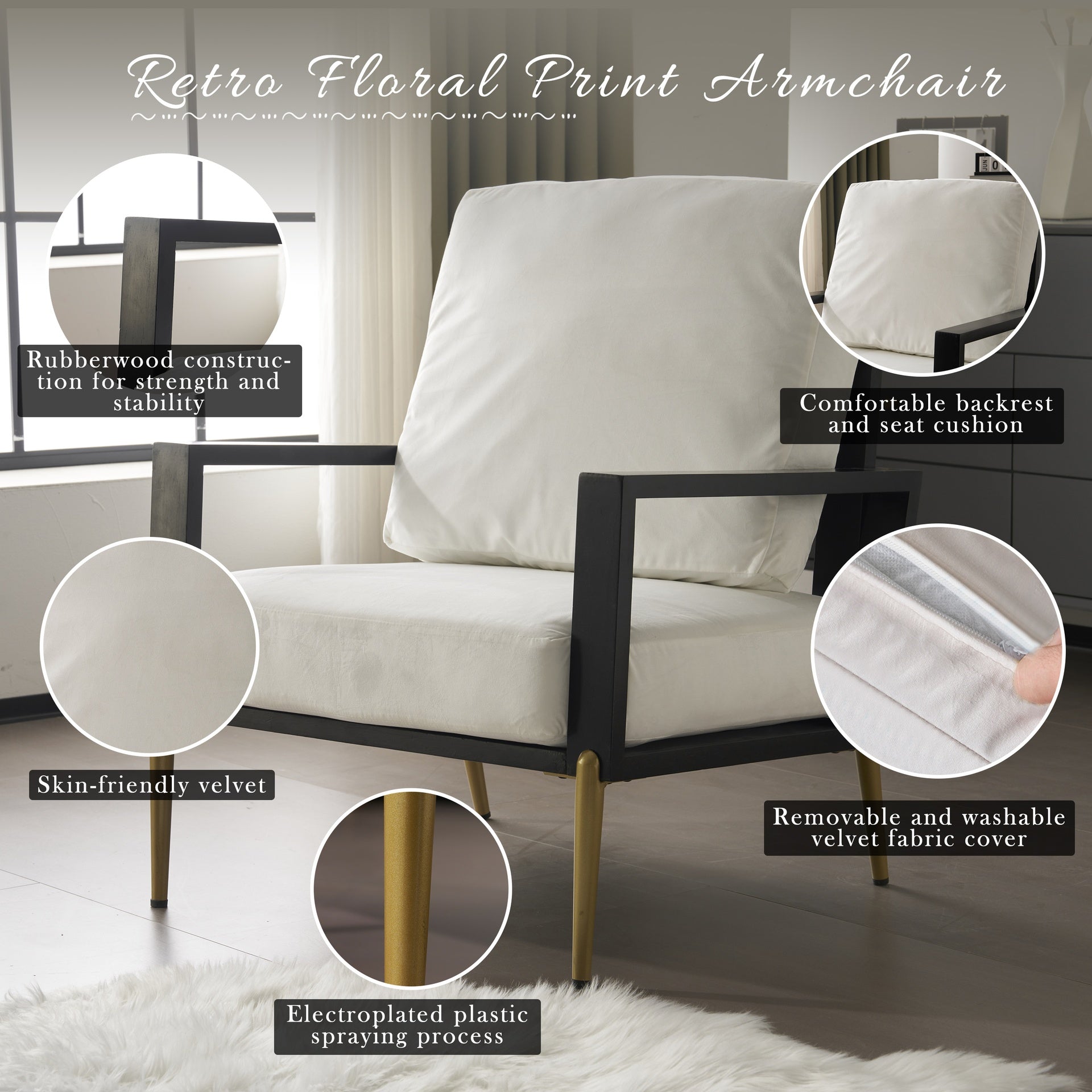Upholstered  Accent Chair, Velvet Lounge Arm Chair with Solid Wood Frame, Living Room Chairs with Metal Legs for Reading Chair for Balcony, Living Room and Bedroom, White