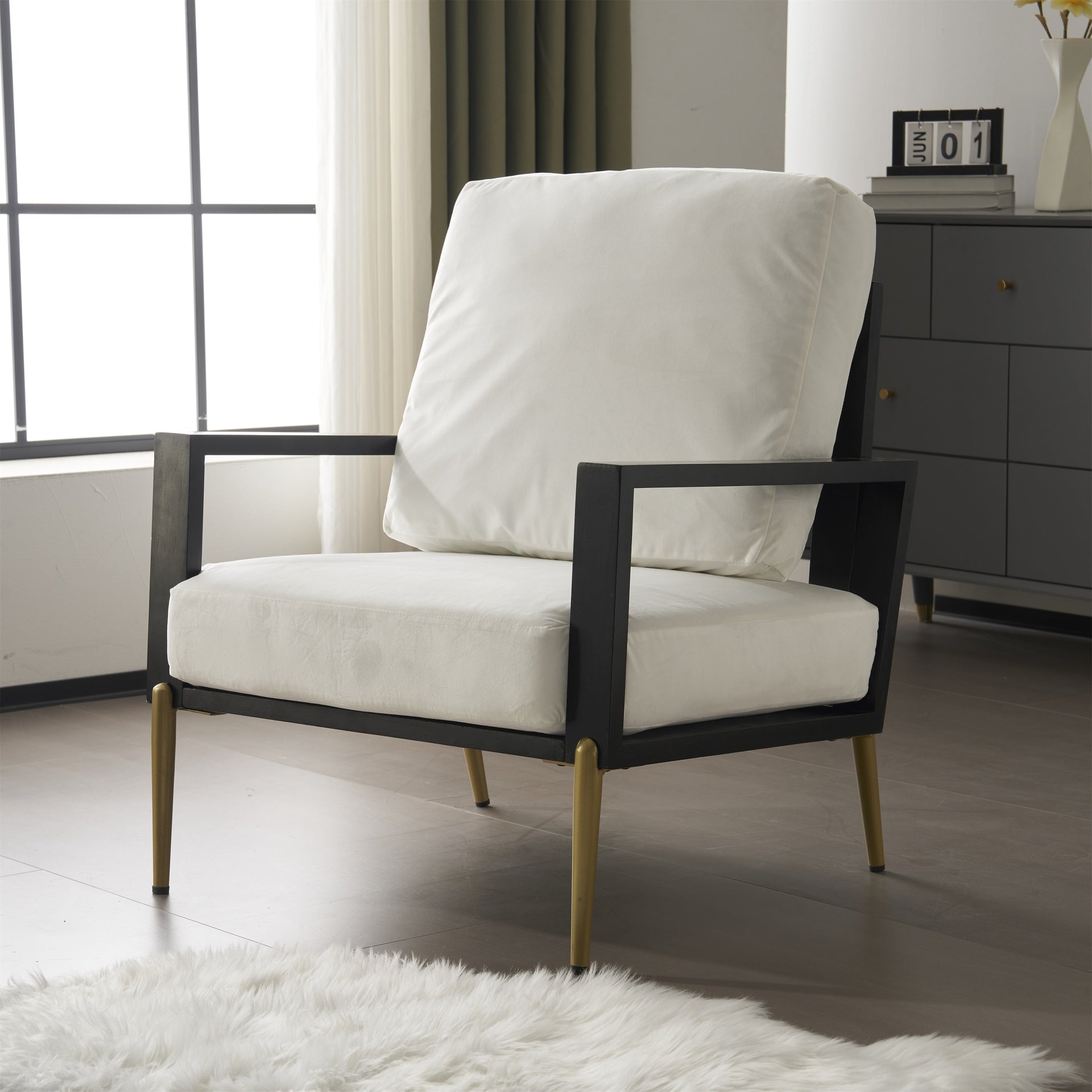 Upholstered  Accent Chair, Velvet Lounge Arm Chair with Solid Wood Frame, Living Room Chairs with Metal Legs for Reading Chair for Balcony, Living Room and Bedroom, White