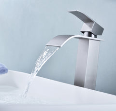 Waterfall Spout Bathroom Sink Single Handle Faucet with Pop-Up Drain (No Overflow)