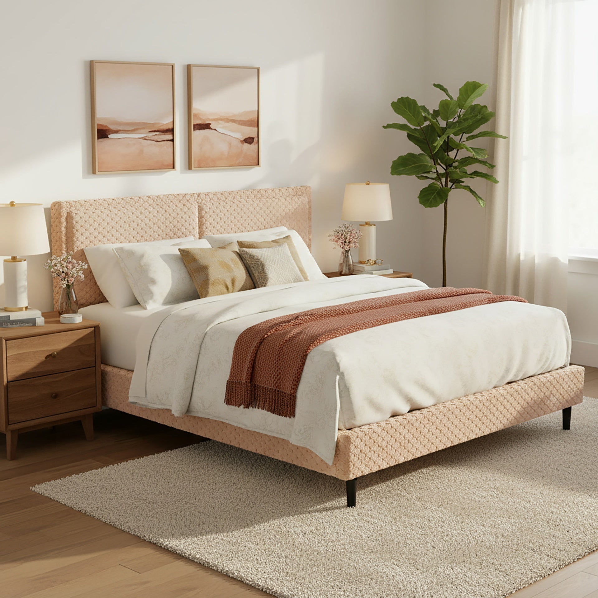 Simple Modern Camel Plush Soft Bed Comfortable Backrest Bedroom Bed,King