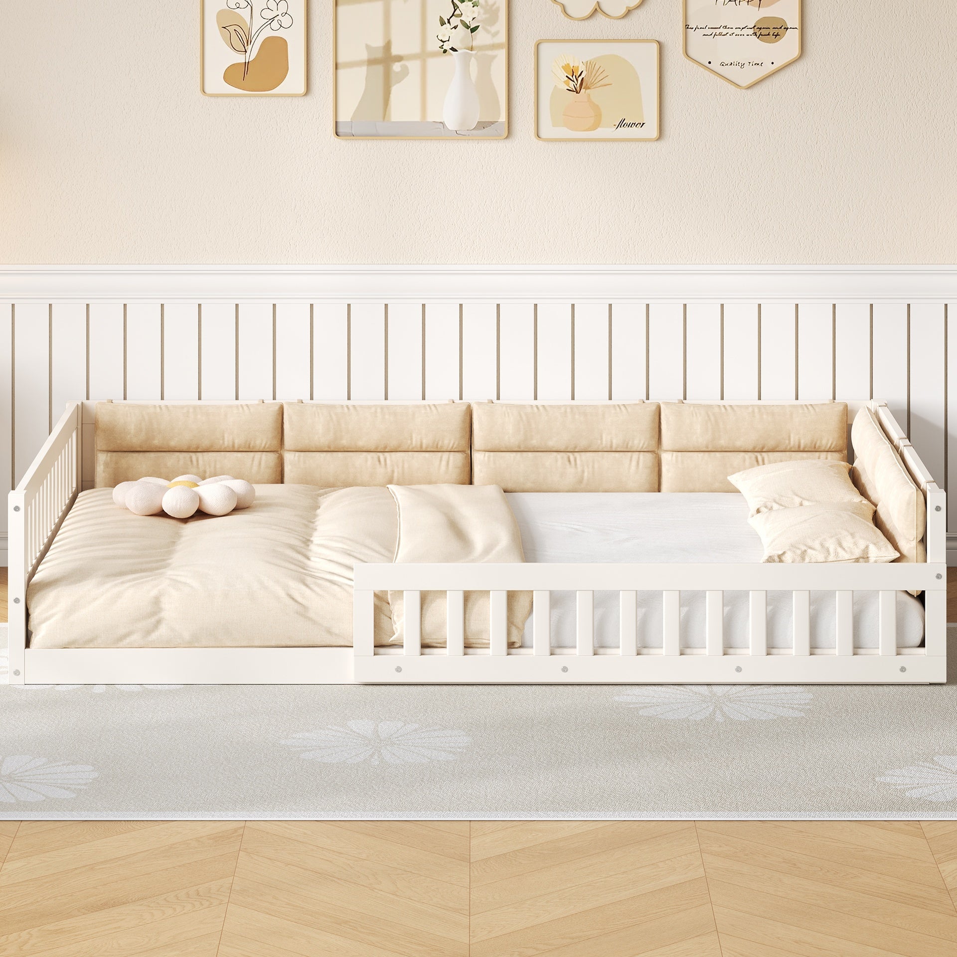 Wood Full Size Upholstered Platform Bed with Guardrail and Pillow, Beige
