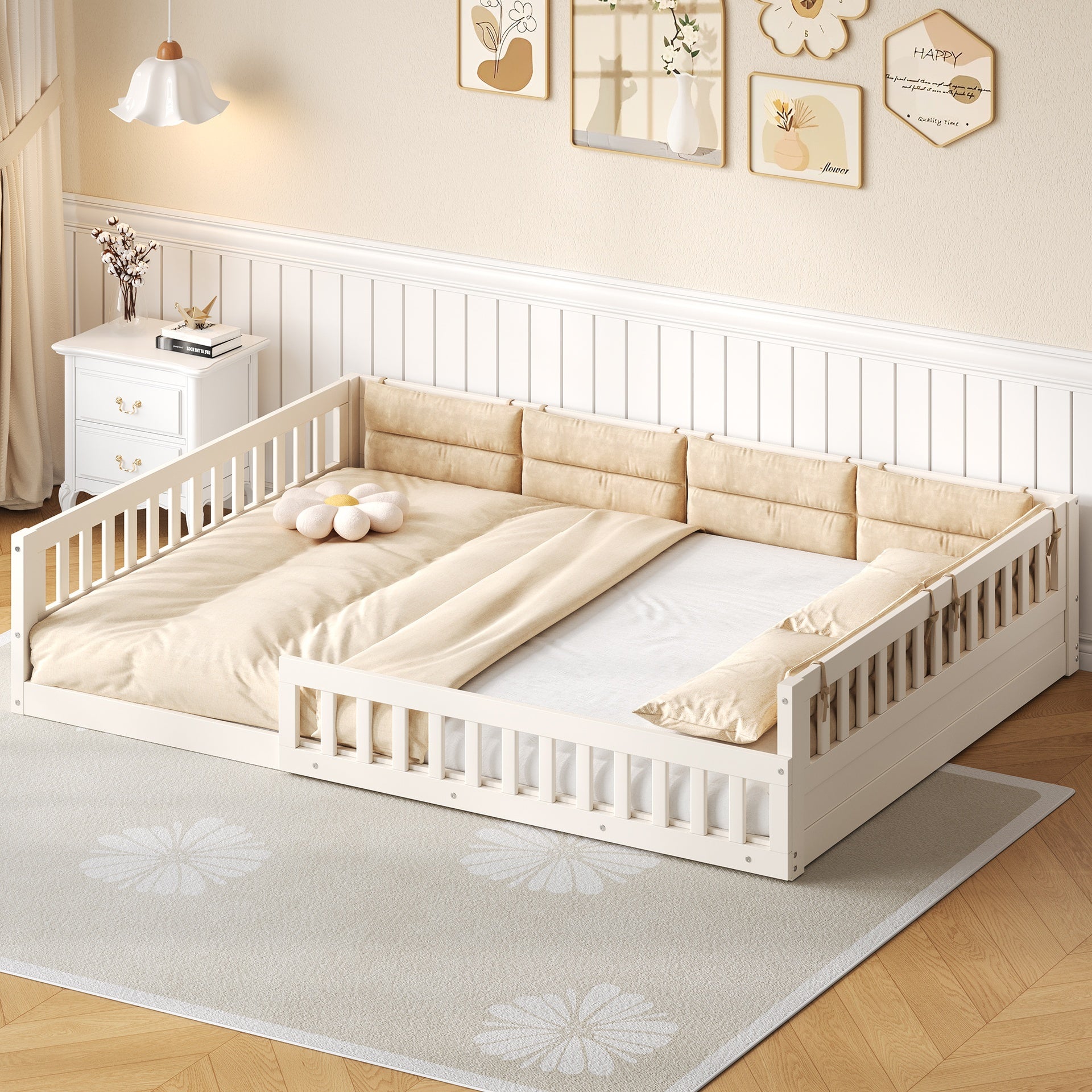 Wood Full Size Upholstered Platform Bed with Guardrail and Pillow, Beige