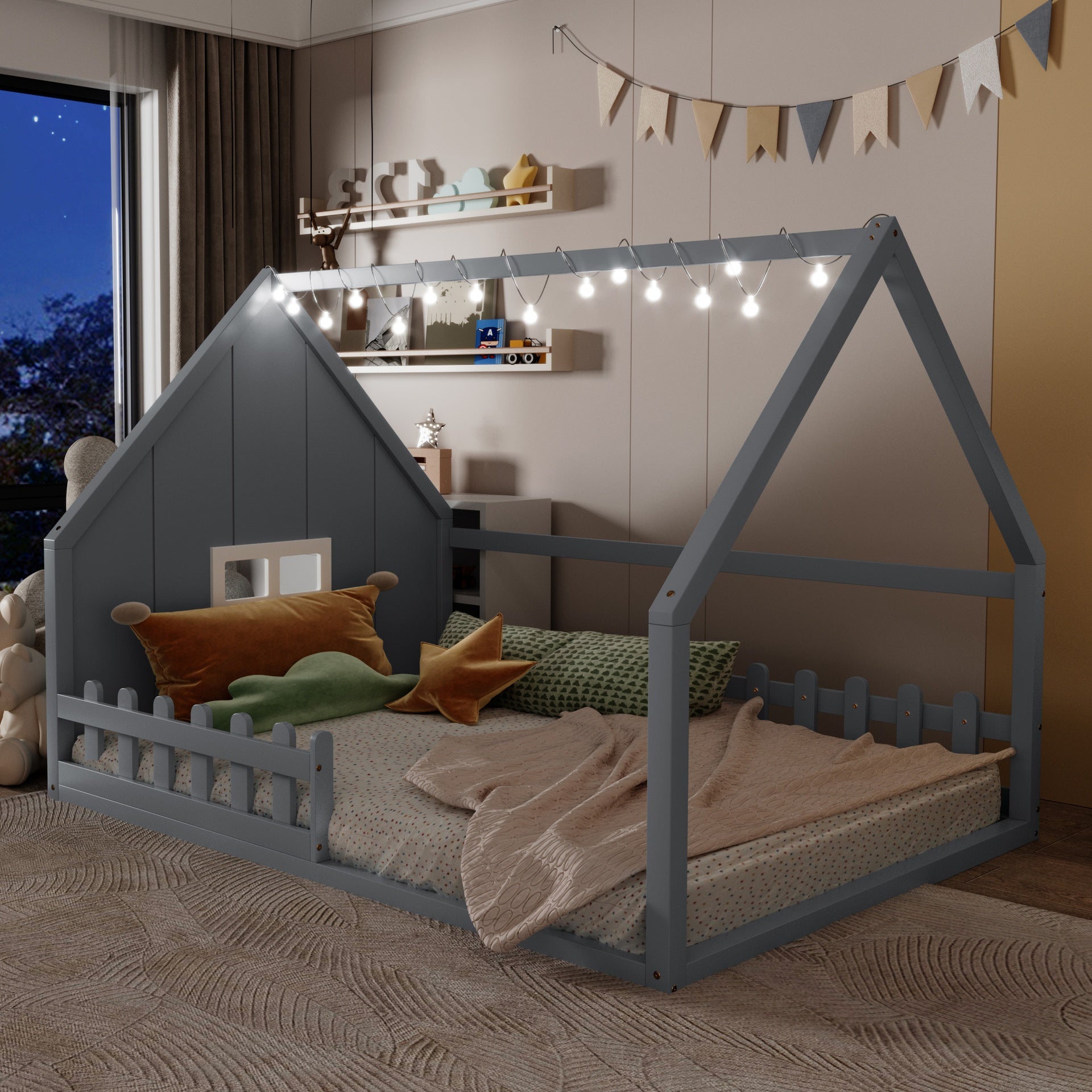 Full Size Wood House Bed with Window and Fence, Gray