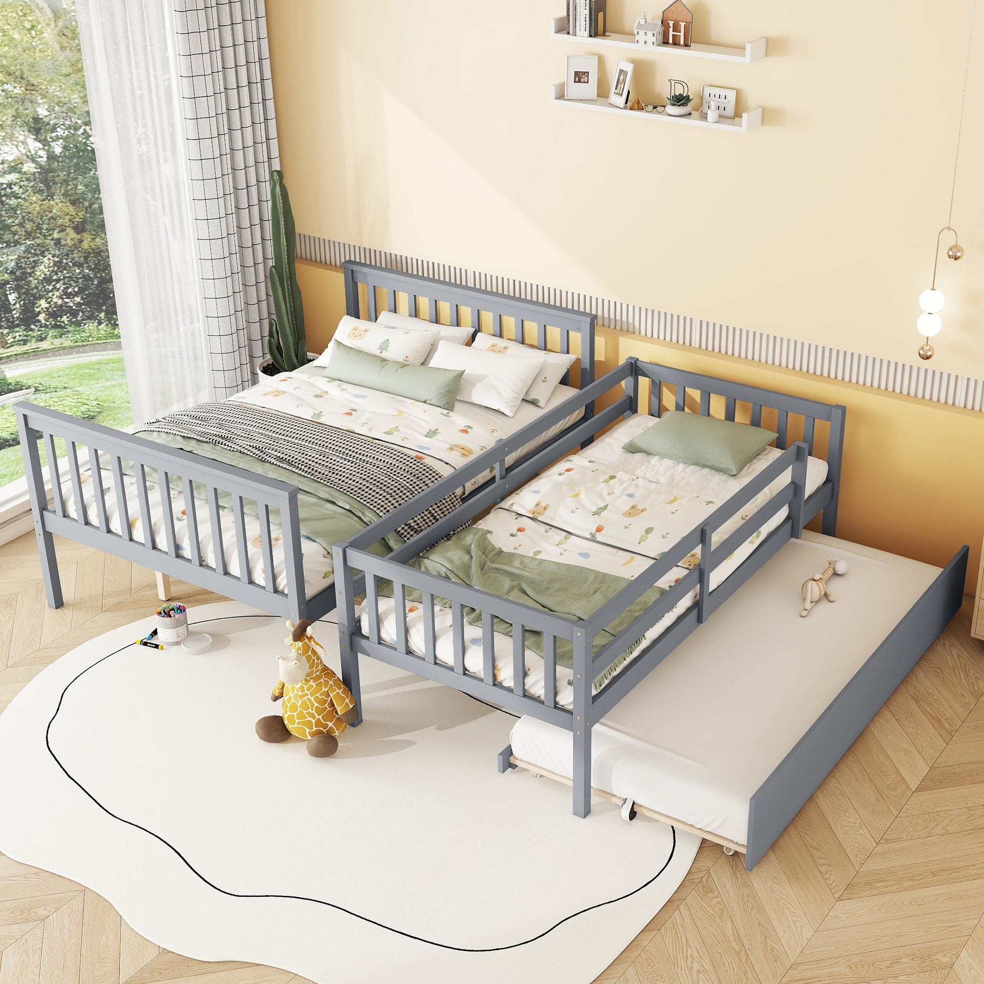 Twin Over Full Rubber Wood Bunk Bed with Trundle, Convertible Ladder and Guardrail, Detachable, Convertible Bed, with Twin Size Trundle  ,Grey