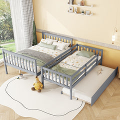 Twin Over Full Rubber Wood Bunk Bed with Trundle, Convertible Ladder and Guardrail, Detachable, Convertible Bed, with Twin Size Trundle  ,Grey