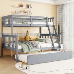 Twin Over Full Rubber Wood Bunk Bed with Trundle, Convertible Ladder and Guardrail, Detachable, Convertible Bed, with Twin Size Trundle  ,Grey
