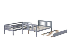 Twin Over Full Rubber Wood Bunk Bed with Trundle, Convertible Ladder and Guardrail, Detachable, Convertible Bed, with Twin Size Trundle  ,Grey