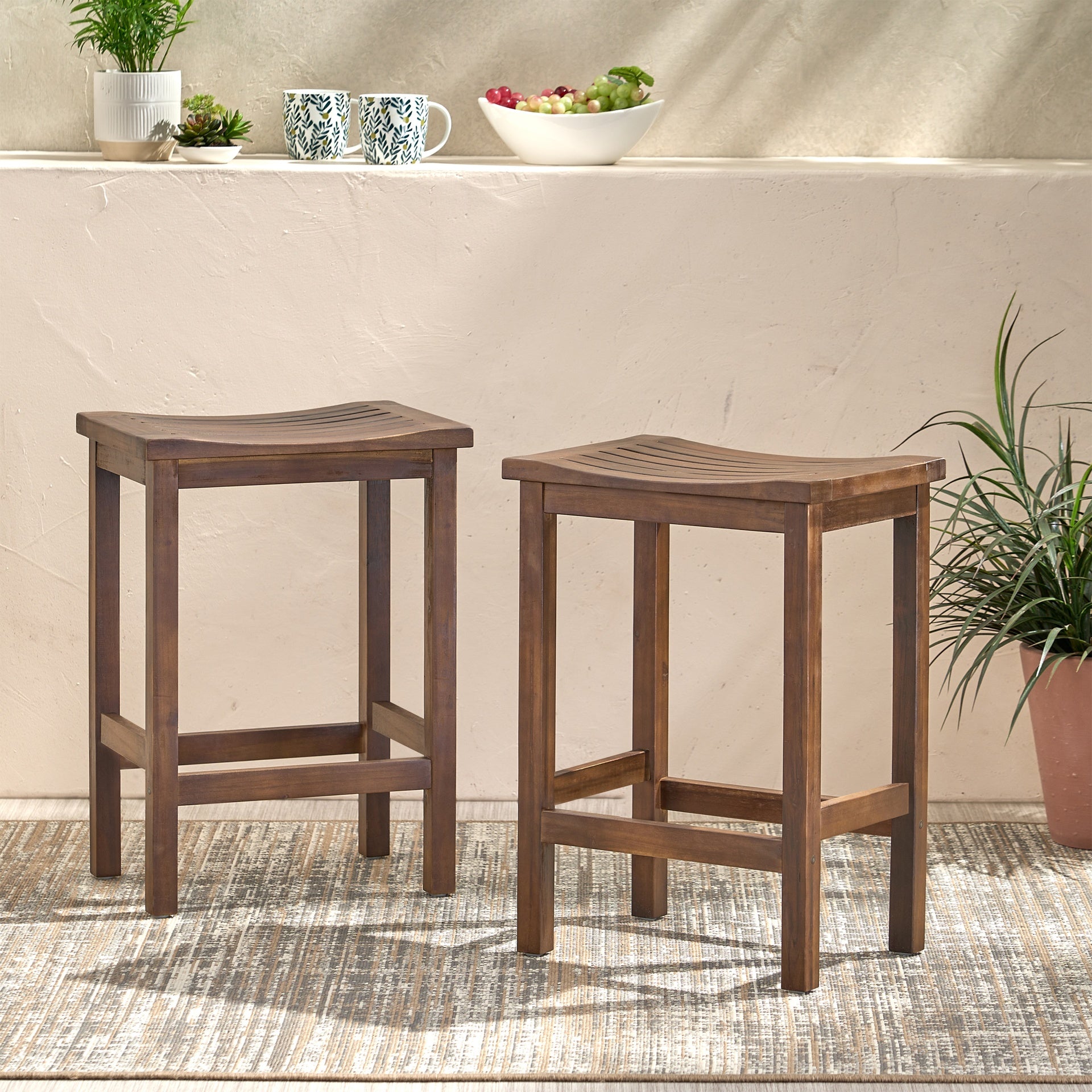 Outdoor Acacia Wood Counter Height Barstool, Set of 2, Mahogany Brown Finish
