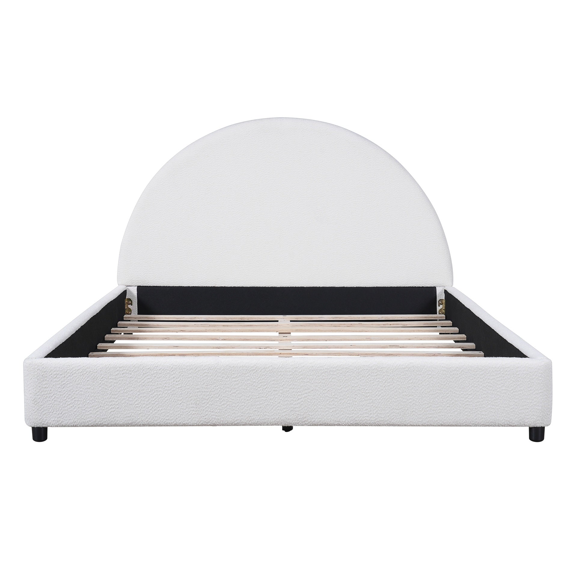 Queen Size Bed Frame With Boucle Upholstered Round Curved Headboard, White