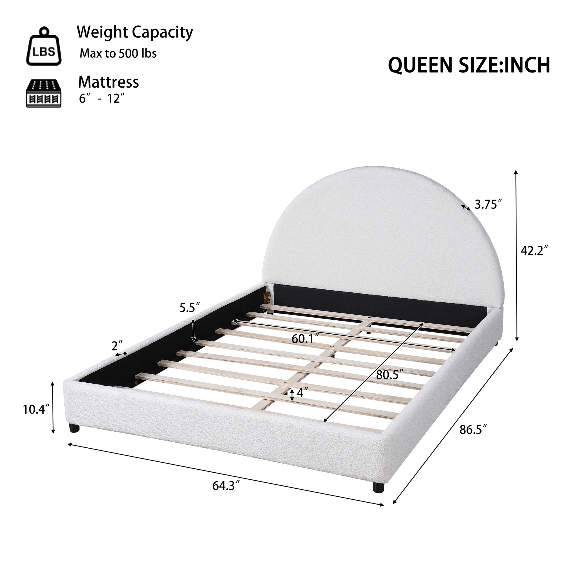 Queen Size Bed Frame With Boucle Upholstered Round Curved Headboard, White