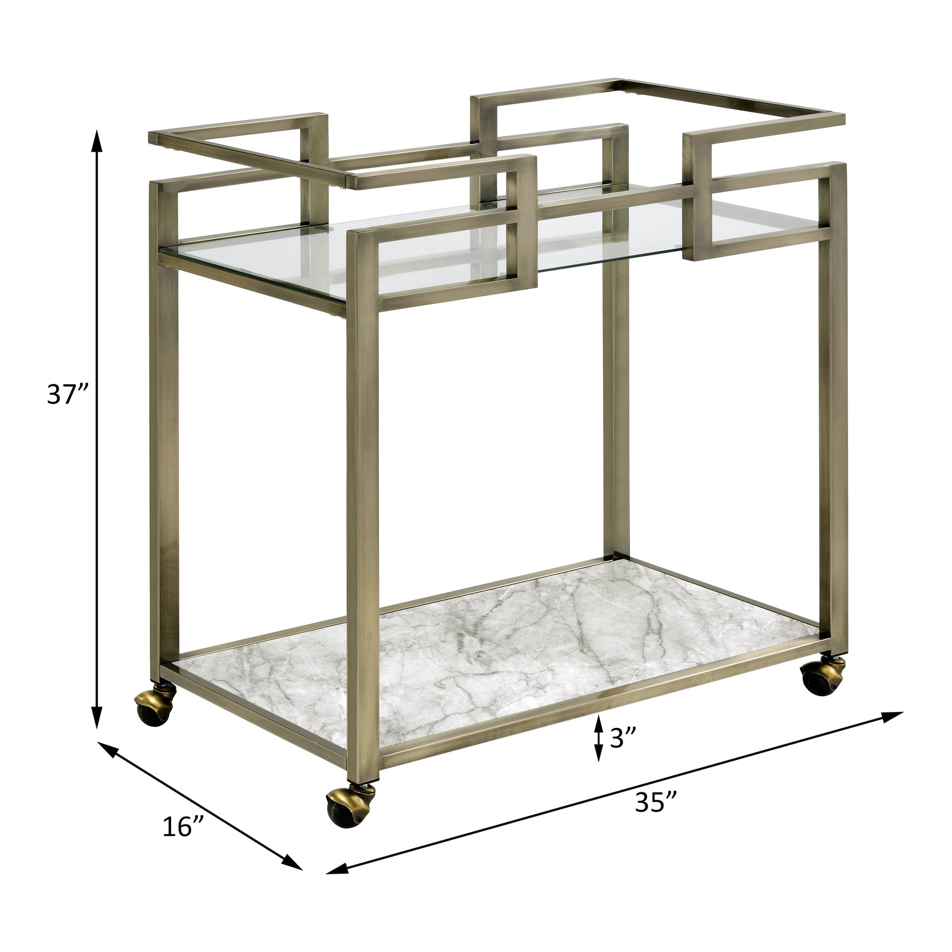 Neilo Clear Glass, Faux Marble Top & Wire Brass Finish Serving Cart