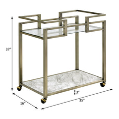 Neilo Clear Glass, Faux Marble Top & Wire Brass Finish Serving Cart