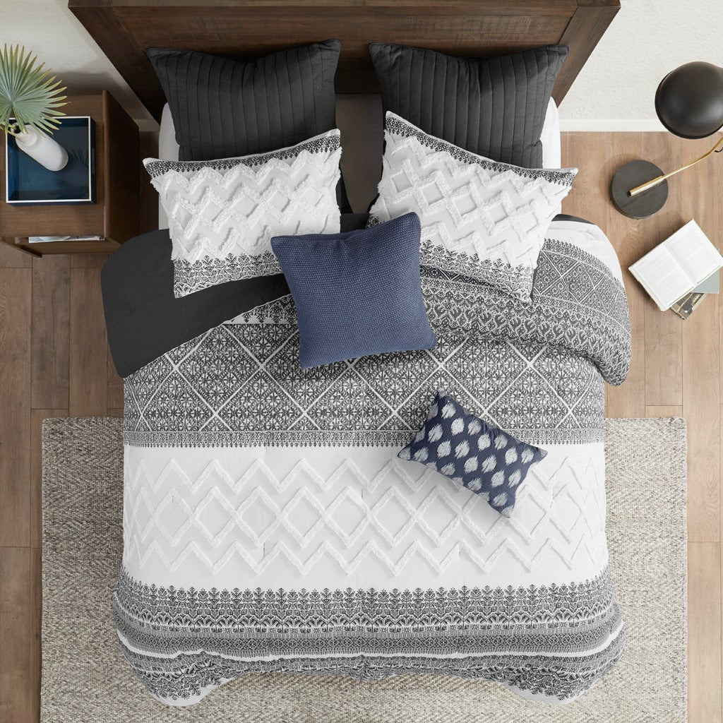3 Piece Cotton Comforter Set with Chenille Tufting Gray Full/Queen