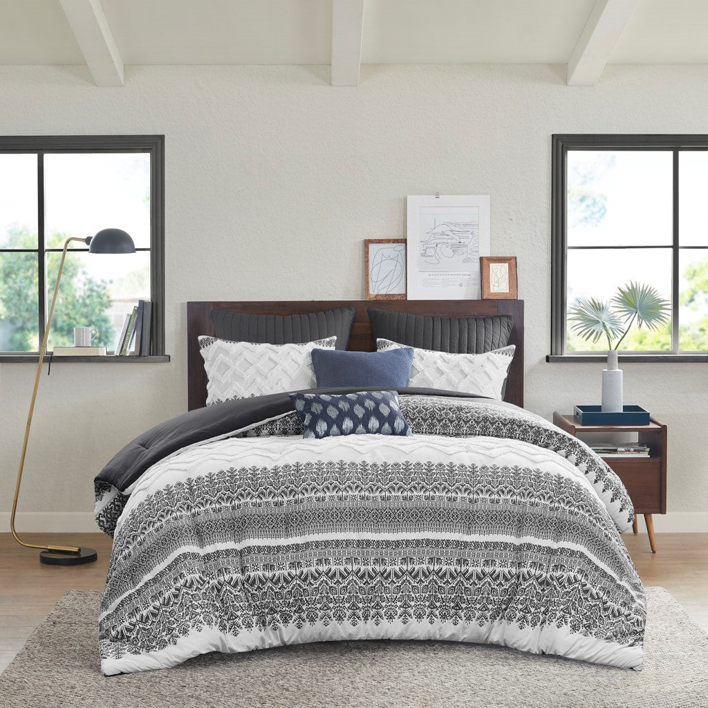 3 Piece Cotton Comforter Set with Chenille Tufting Gray Full/Queen