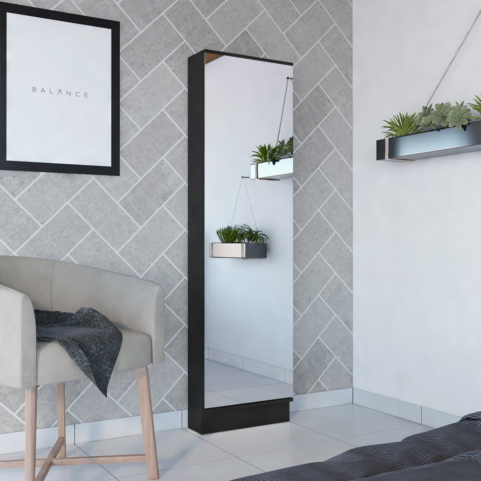 Wenge Rectangle Tall Shoe Cabinet with Mirror