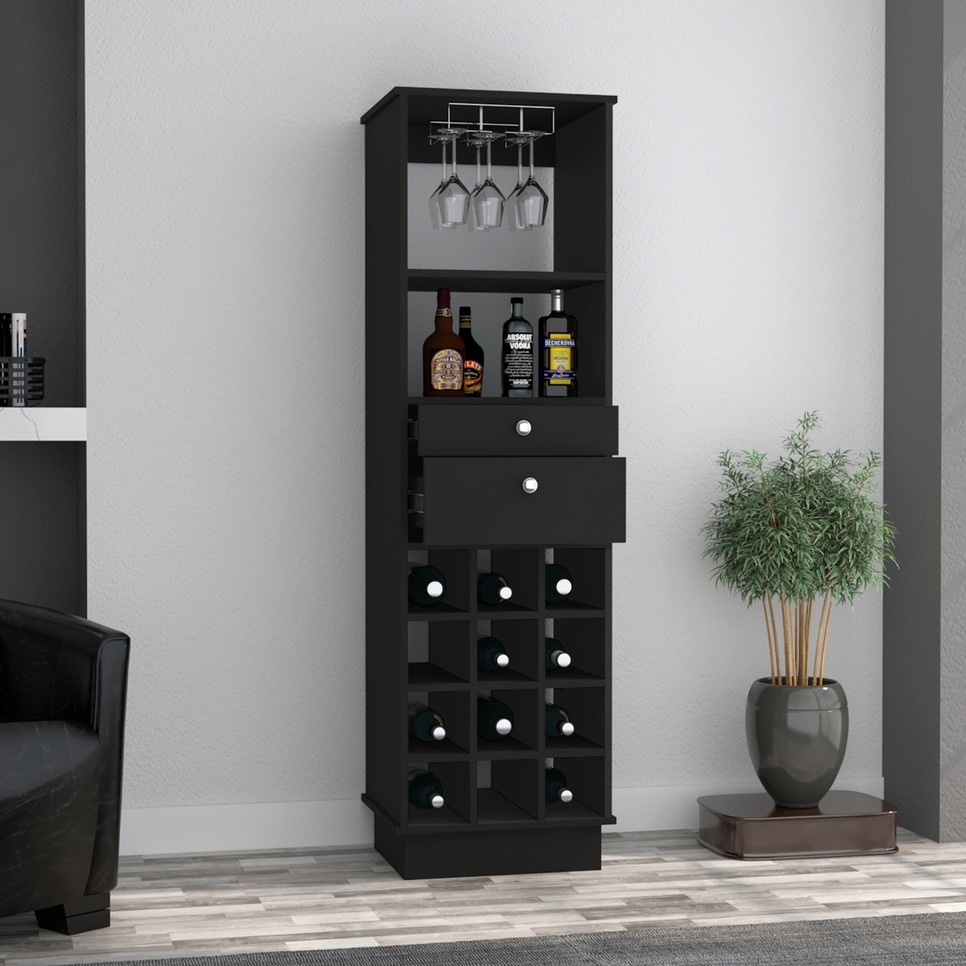 Wenge 12-Bottle 2-Drawer 1-Shelf Bar Cabinet