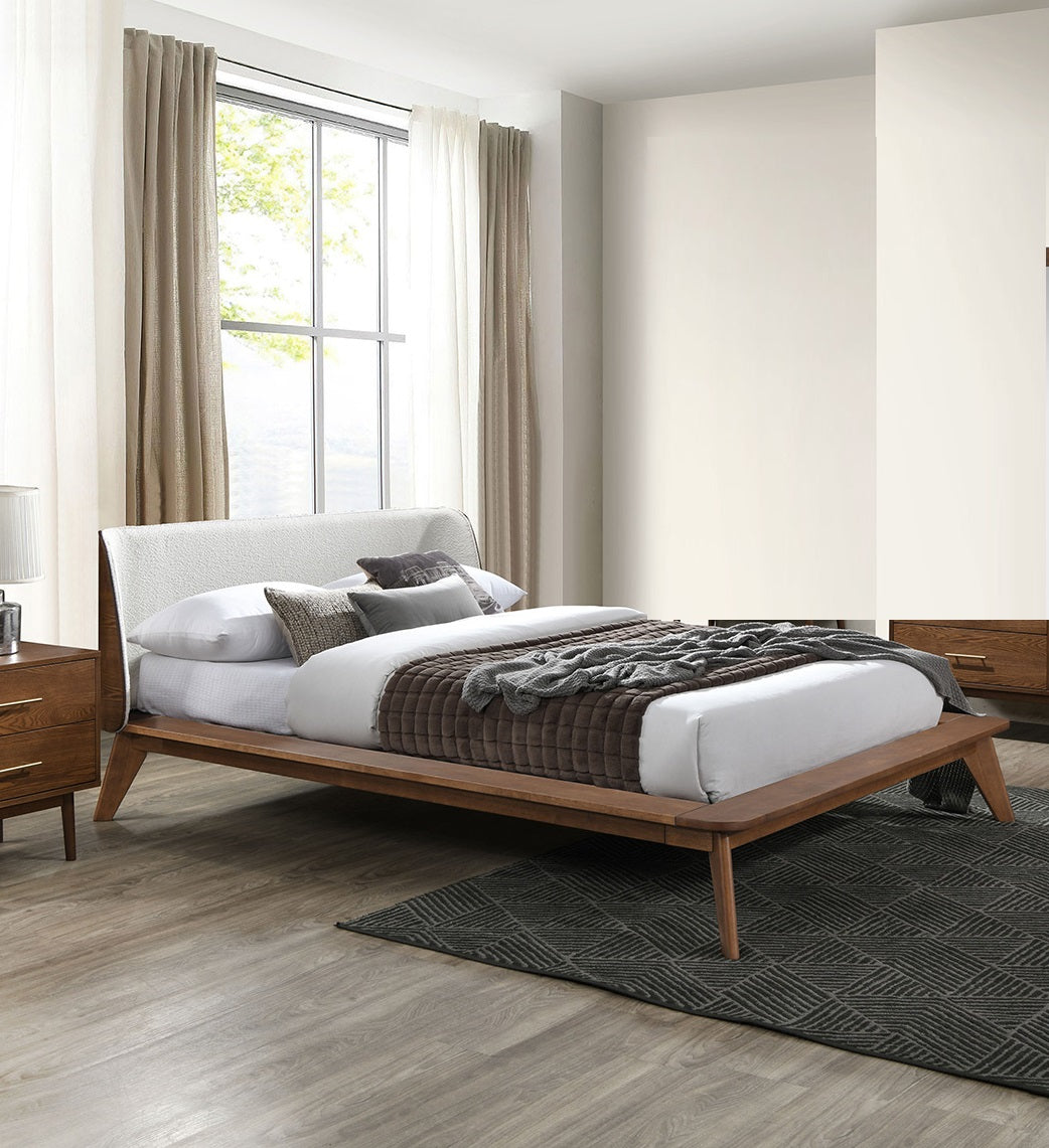 Gorgeous Walnut 3pc Bedroom Set King Size Bed 2x Nightstands Beige Upholstered Fabric Winged Edge Panel HB Mid-Century Modern Style