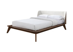 Walnut / Beige Color King Size Bed 1pc Fabric Winged Edge Headboard Platform Bedframe Mattress Ready Mid-Century Modern Style
