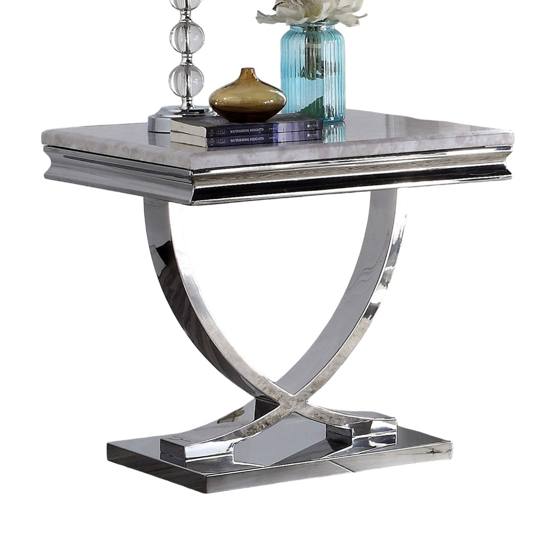1pc End Table Modern Glam Style 18mm Faux Marble On Top Pedestal Base Stainless Steel Metal Structure Chroma Finish Coffee Table-Not Included