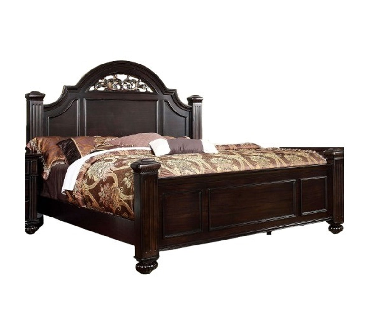 Queen Panel Bed 1pc Contemporary Style Dark Walnut Bedroom Furniture Formal Floral Design in Headboard