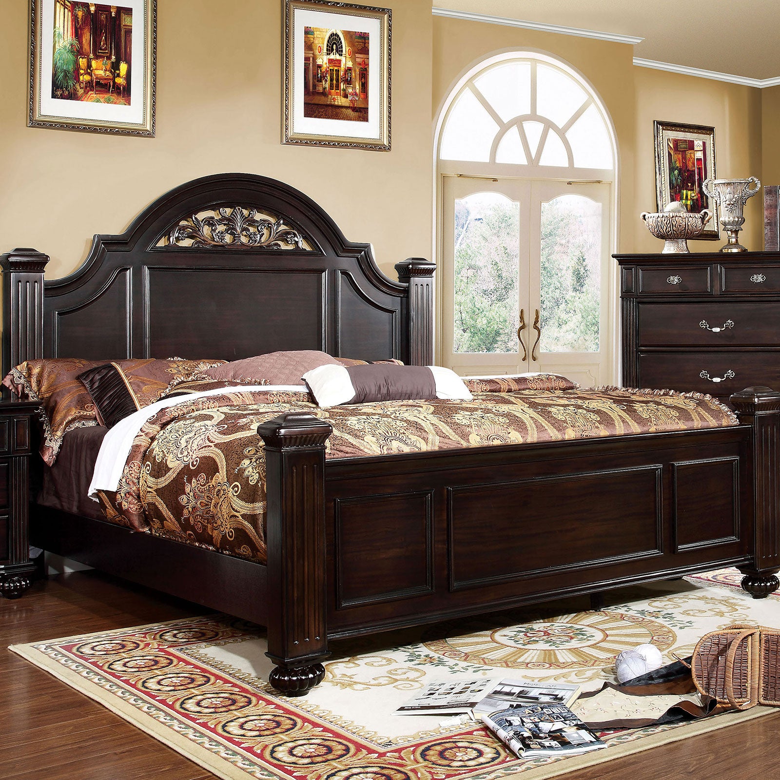 Queen Panel Bed 1pc Contemporary Style Dark Walnut Bedroom Furniture Formal Floral Design in Headboard