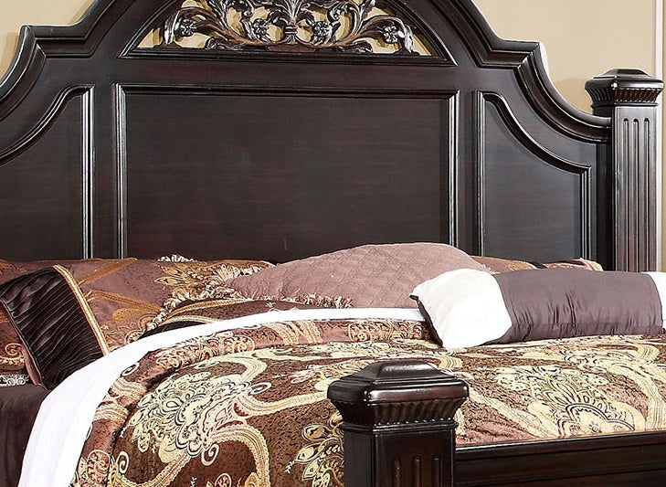 Queen Panel Bed 1pc Contemporary Style Dark Walnut Bedroom Furniture Formal Floral Design in Headboard