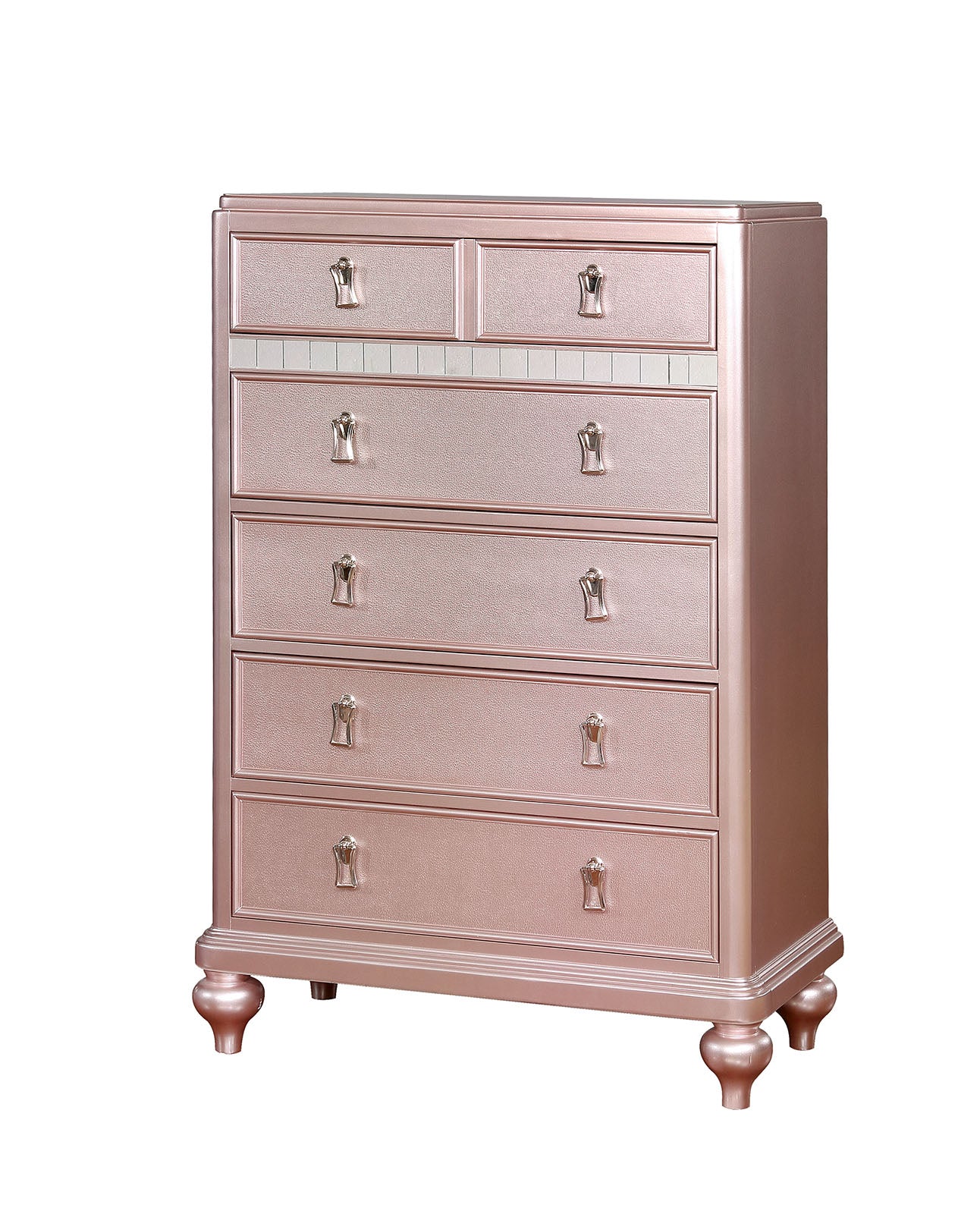 Contemporary Style Chest 1pc Mirror Trim Rose Gold Finish Bun Feet Felt Lined Top Drawers Bedroom Furniture