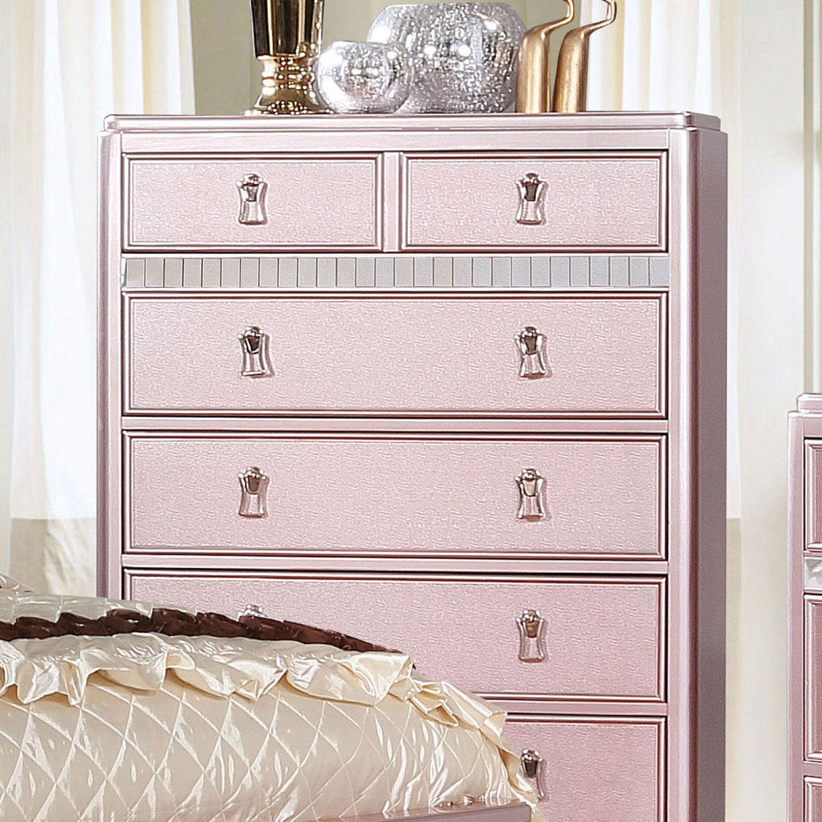 Contemporary Style Chest 1pc Mirror Trim Rose Gold Finish Bun Feet Felt Lined Top Drawers Bedroom Furniture