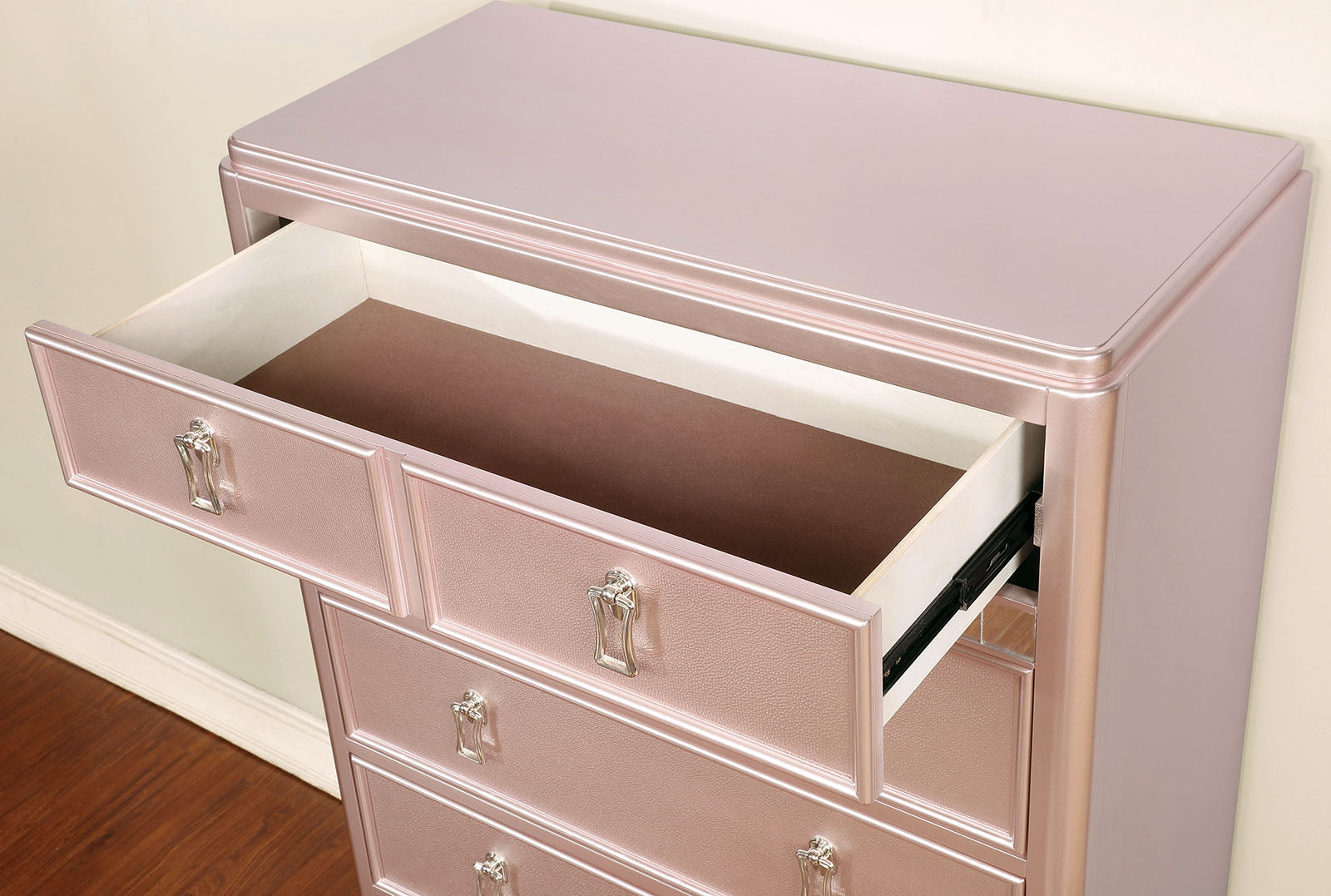 Contemporary Style Chest 1pc Mirror Trim Rose Gold Finish Bun Feet Felt Lined Top Drawers Bedroom Furniture