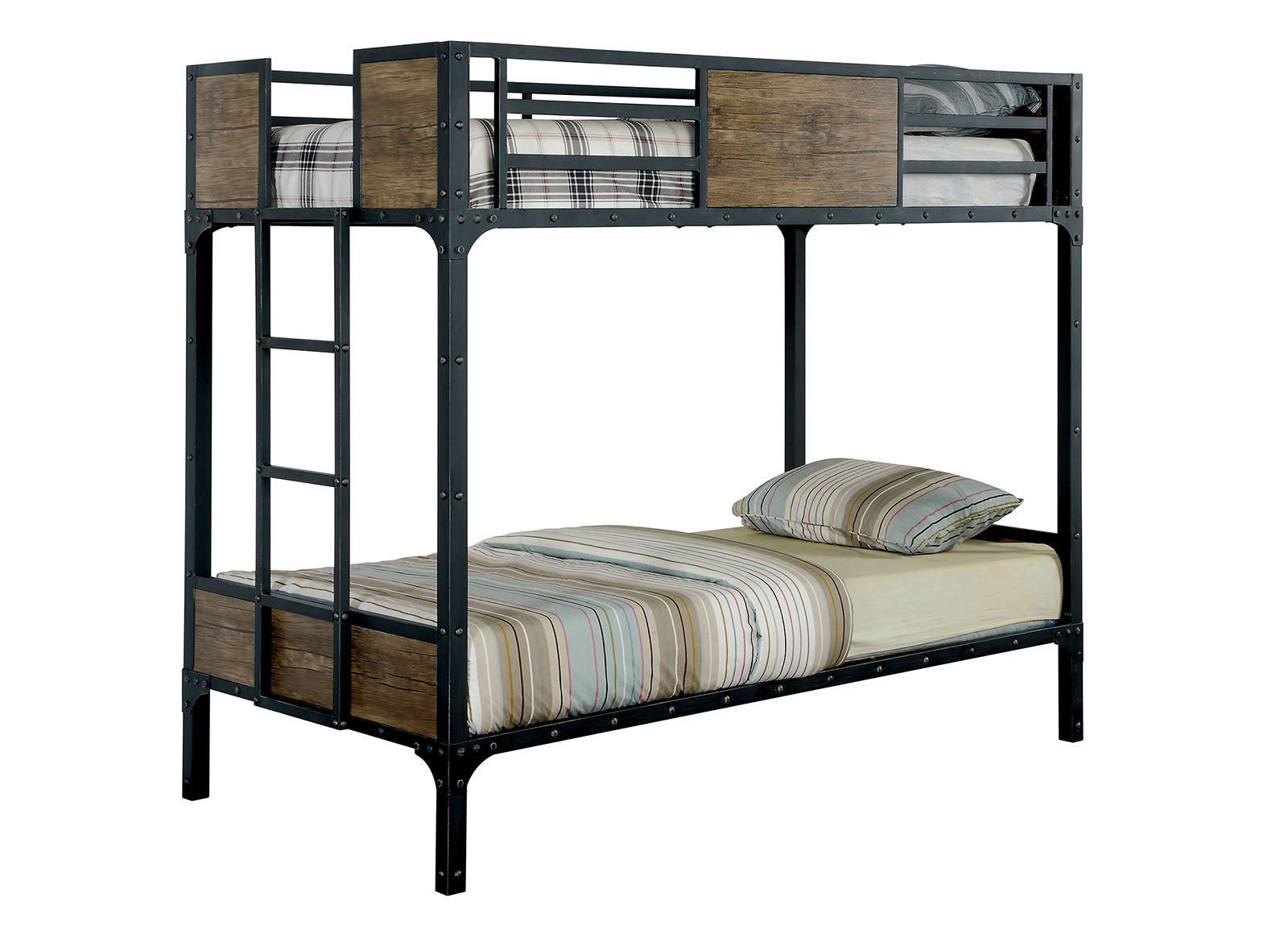 Black Finish Twin Over Twin Industrial Style Bunk Bed Metal Structure With Wooden Panel Attached Footboard Ladder And Nail Head Accent