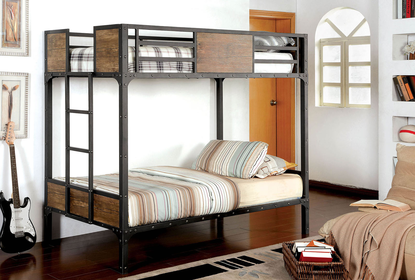 Black Finish Twin Over Twin Industrial Style Bunk Bed Metal Structure With Wooden Panel Attached Footboard Ladder And Nail Head Accent