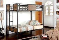 Black Finish Twin Over Twin Industrial Style Bunk Bed Metal Structure With Wooden Panel Attached Footboard Ladder And Nail Head Accent