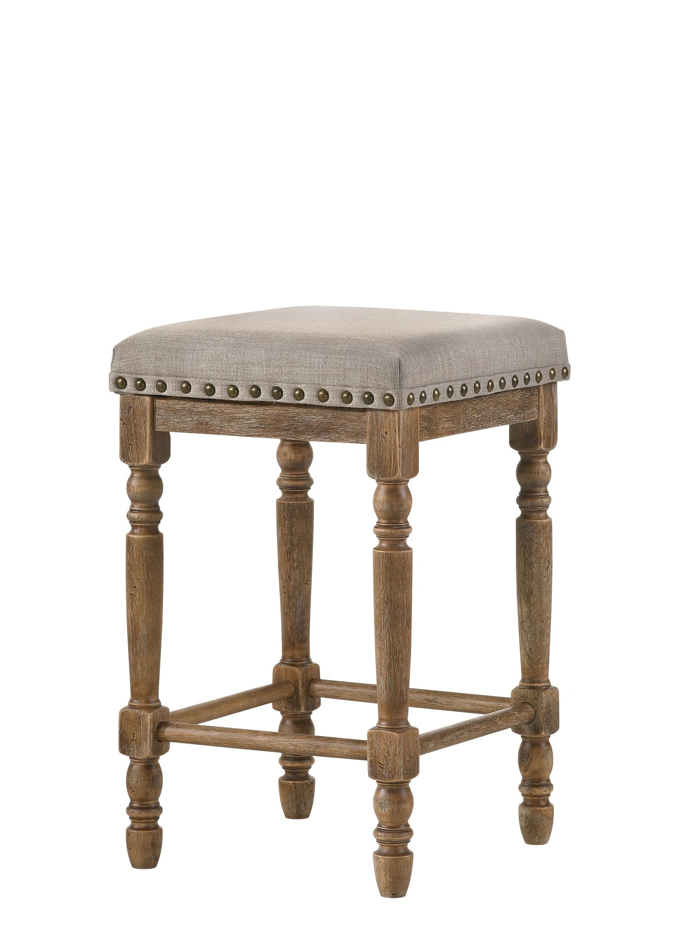 Set of 2pc Counter Height Stools Oak Finish Beige Fabric Seating Nailhead Trim Wooden Traditional Dining Room Furniture